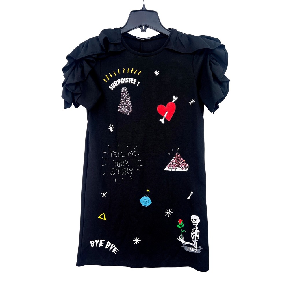 Zara Mini Dress Size S Black Ruffle Sequin Skeleton Spooky-Core Goth Punk Y2K - Picture 2 of 8